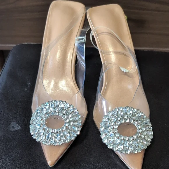 Nude Crystal-Embellished Pointed Toe Slingback Heels - Picture 7 of 7